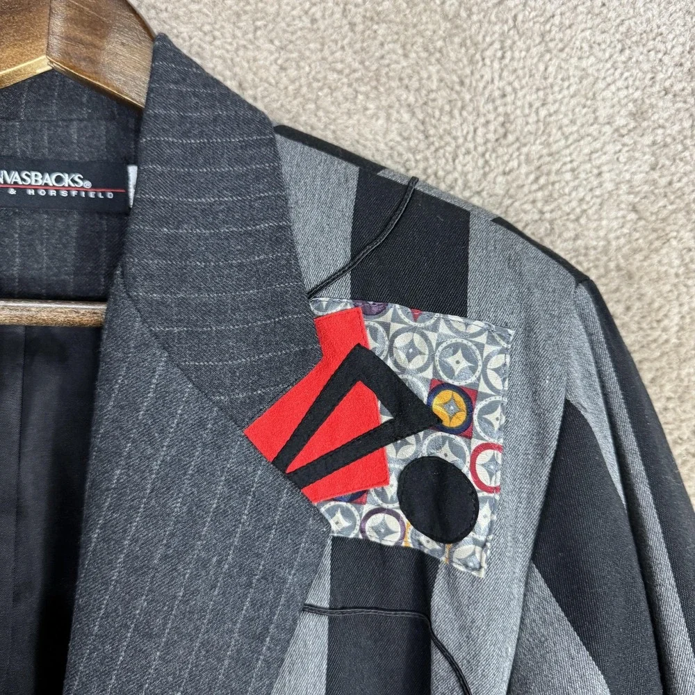 Vtg Canvasbacks Lutton & Horsfield Blazer Womens Small‎ Black Art Patch Jacket - Picture 3 of 11